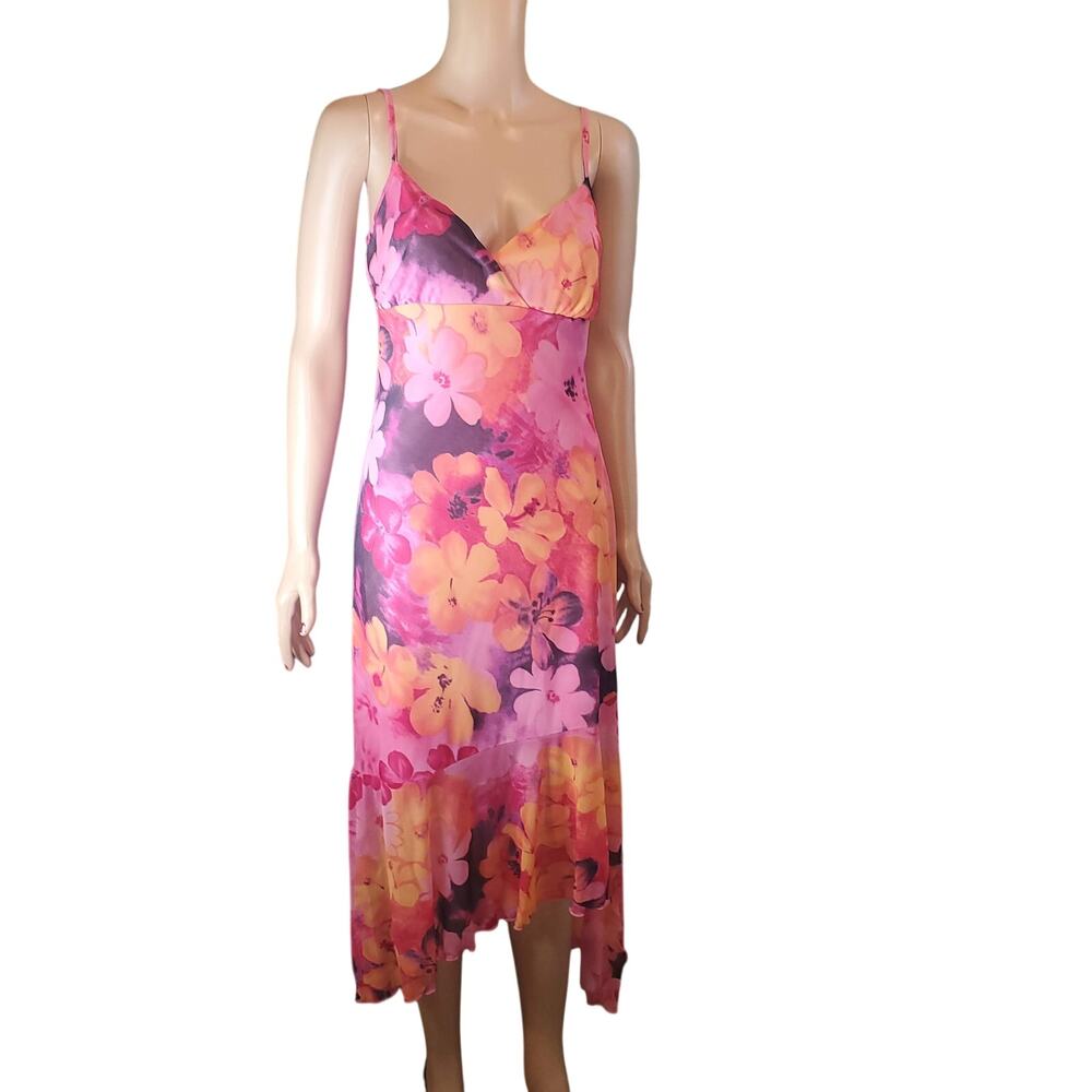 Vintage Y2K Floral Slip Dress Pink Orange Asym Midi Size M Trixxi Made in USA